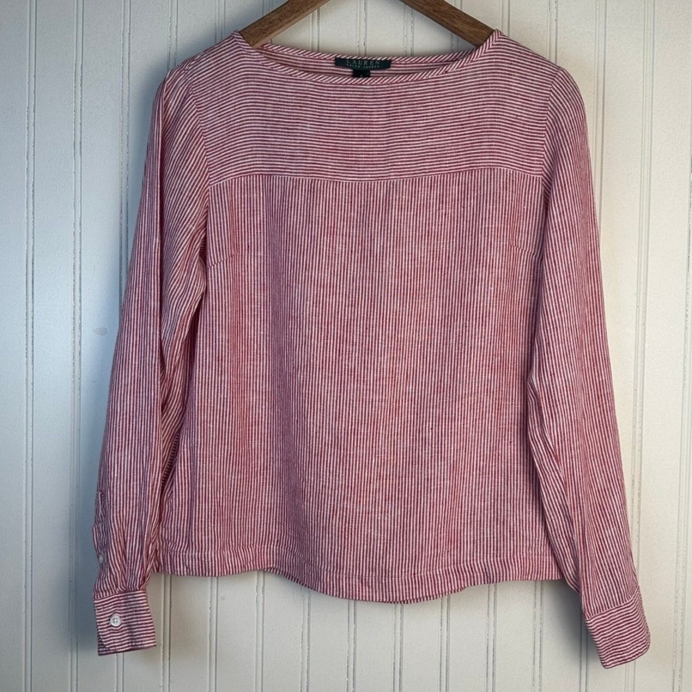 Ralph Lauren 100% Linen Red & White Striped Long Sleeve Button Cuff Blouse Top S